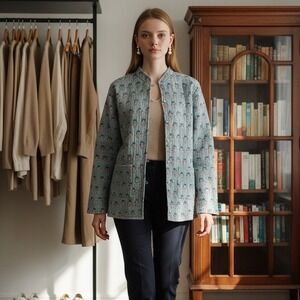 Handmade Reversible Quilted Block Print Jacket Blue Green Floral Kantha Coat